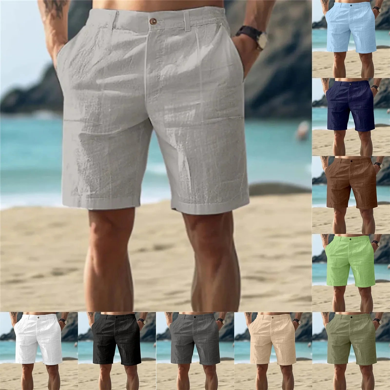Men’s Solid Color Linen Shorts – Breathable Casual Beach Pants for Summer Holiday