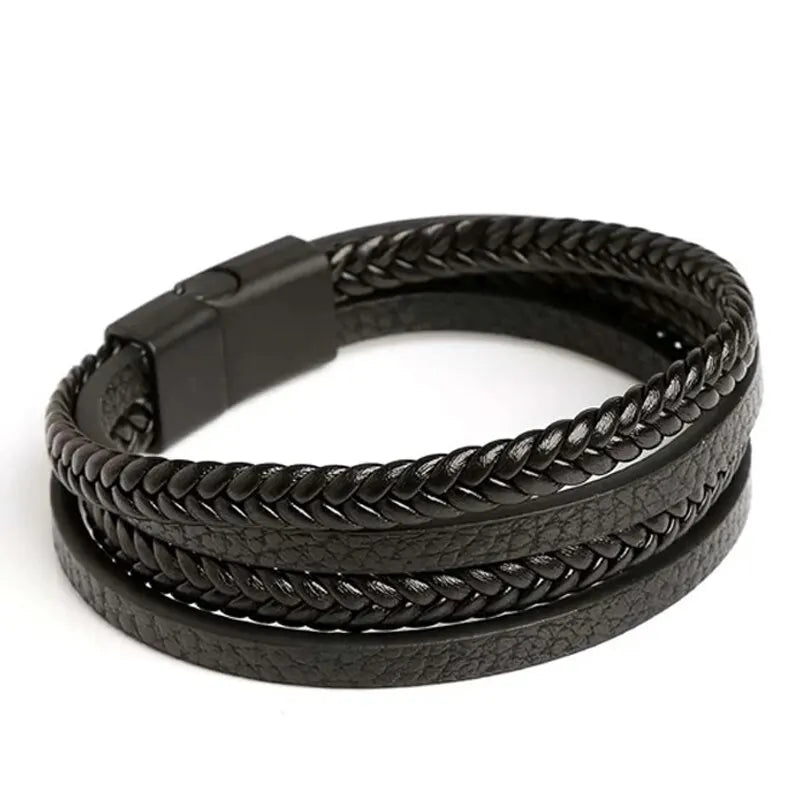 Men’s Trendy Leather Bracelet – Stainless Steel Multilayer Braided Rope Jewelry