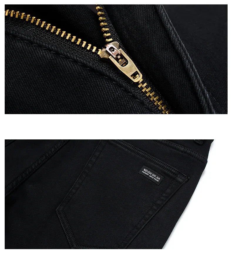 Men’s Classic Black Stretch Jeans – Soft Denim Biker Pants for Spring & Autumn