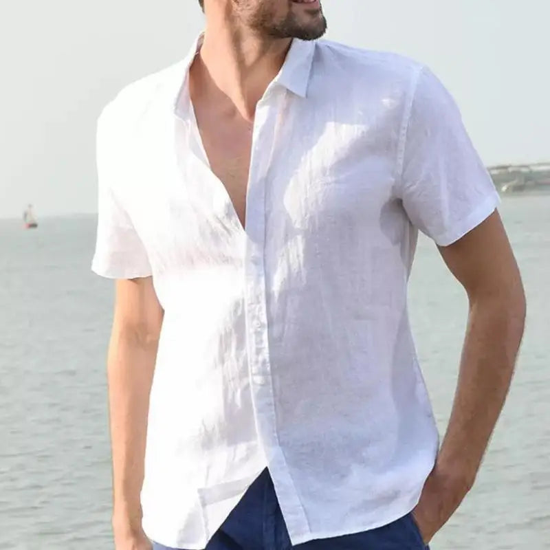 Men’s Casual Cotton Linen Short Sleeve Shirt – Solid Color Summer Beachwear