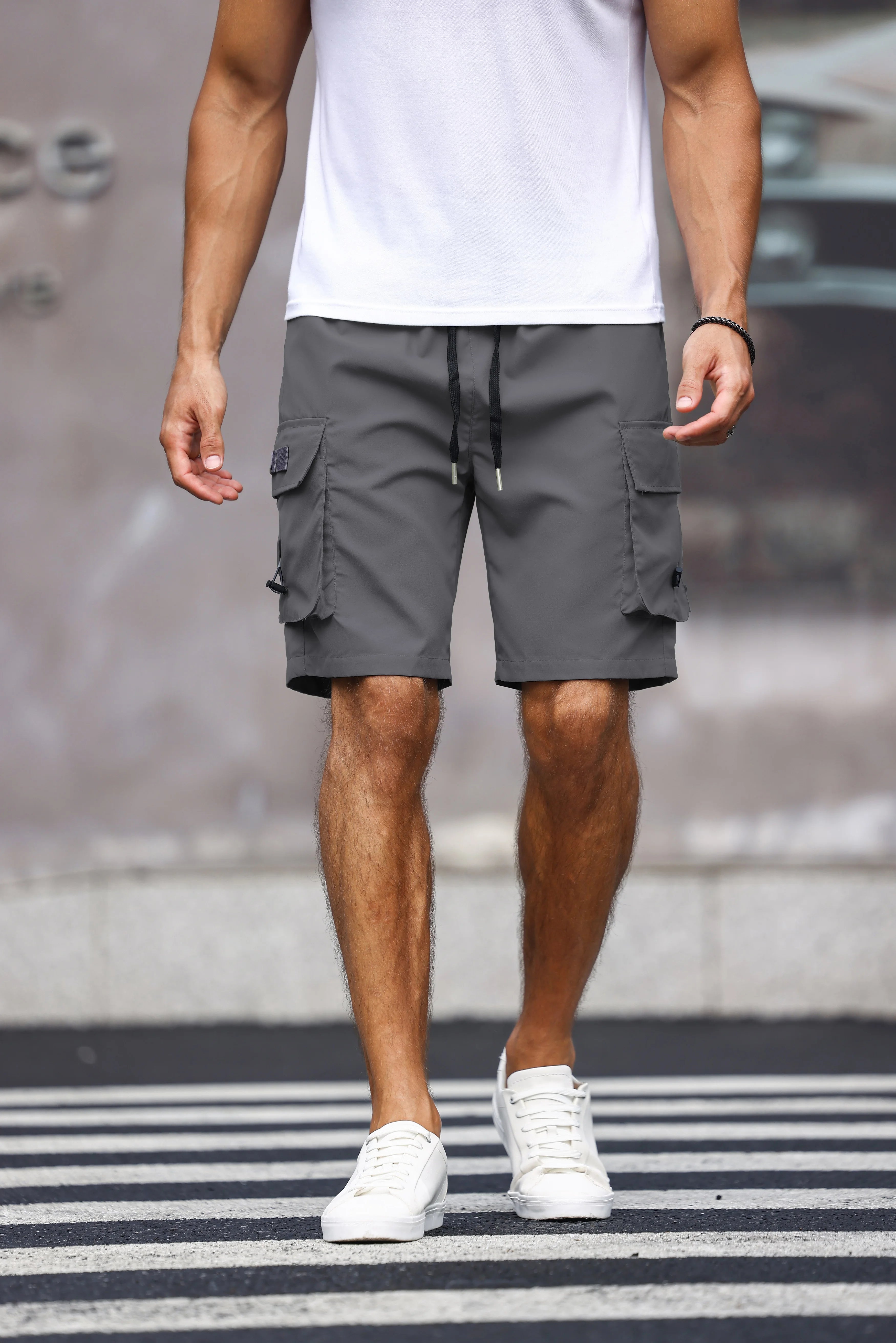 Men’s Multicolor Cargo Shorts – Solid Color Drawstring Summer Shorts with Pockets
