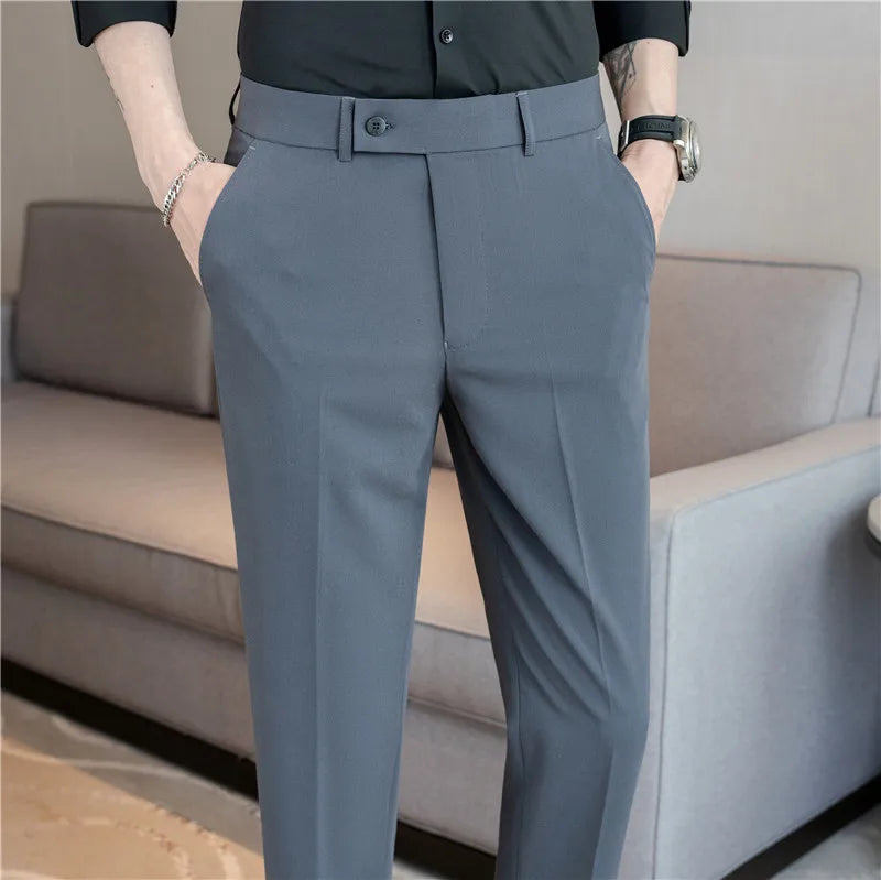 Men’s Stretch Solid Color Trousers – Slim Fit Ankle-Length Pants for Business, Casual & Formal Events