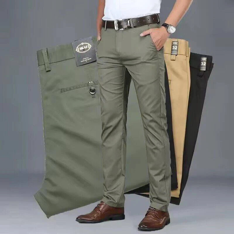 Men’s Classic Straight Casual Pants – Comfortable Business Trousers in Green, Black & Khaki | 2023 Fashion