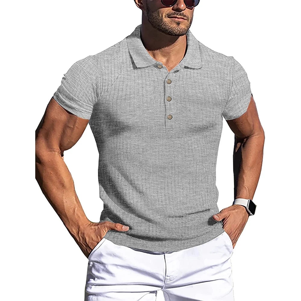 Men’s Summer Polo Shirt – Solid & Striped Short Sleeve, Stretch Fitness Top with Stand Collar