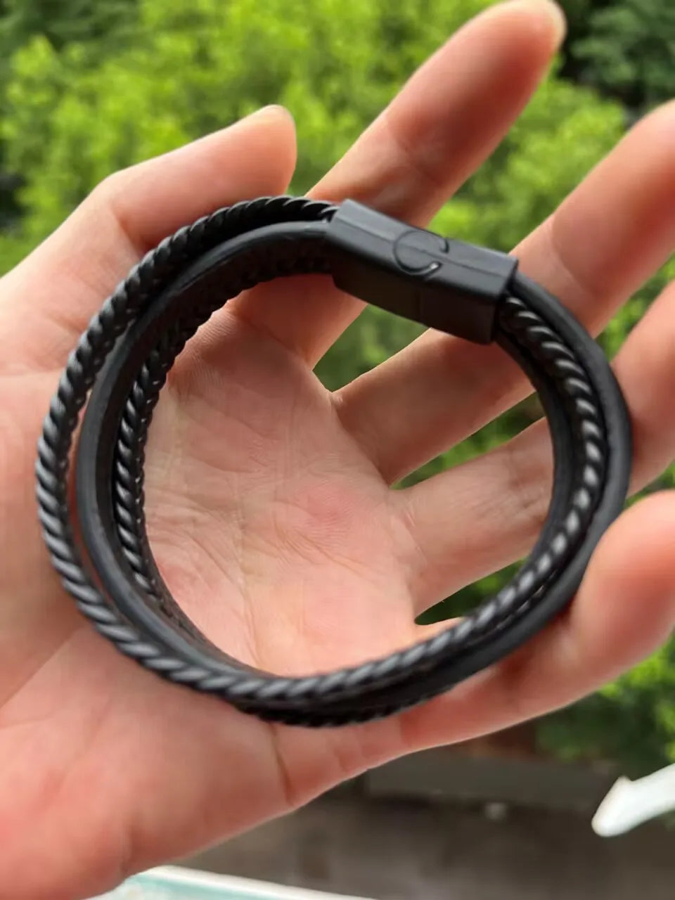 Men’s Trendy Leather Bracelet – Stainless Steel Multilayer Braided Rope Jewelry