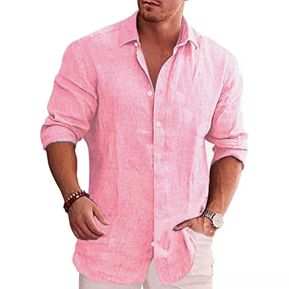 Men’s Casual Cotton-Linen Shirt – Long Sleeve, Solid Color, Plus Size