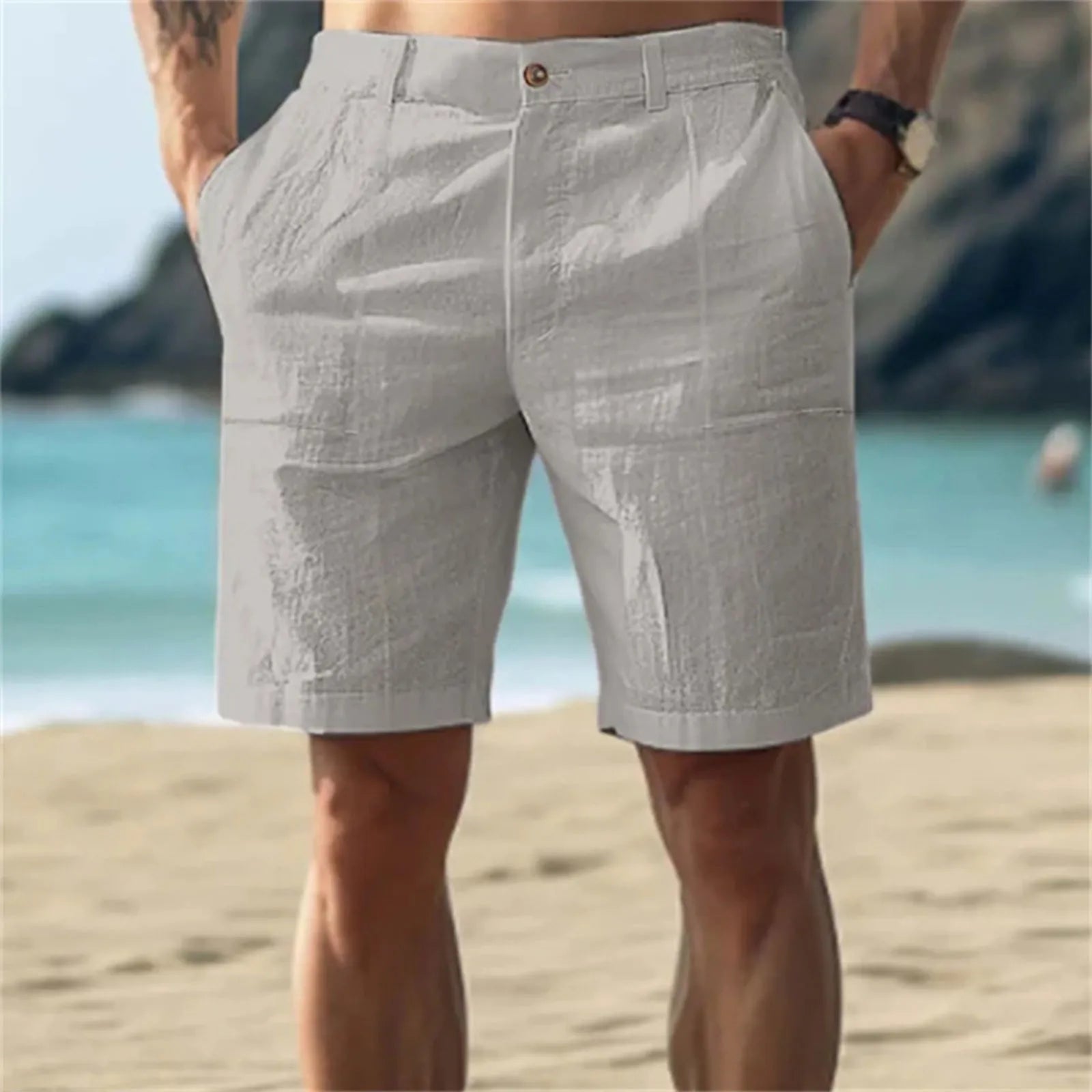 Men’s Solid Color Linen Shorts – Breathable Casual Beach Pants for Summer Holiday