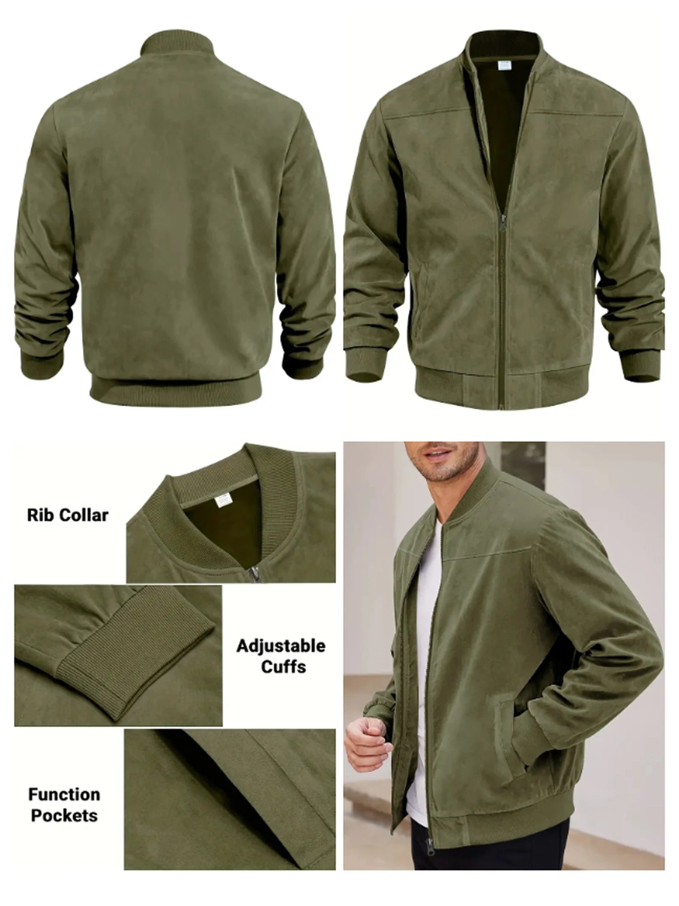 Men’s Suede Zip-Up Bomber Jacket – Casual Sport and Golf Style