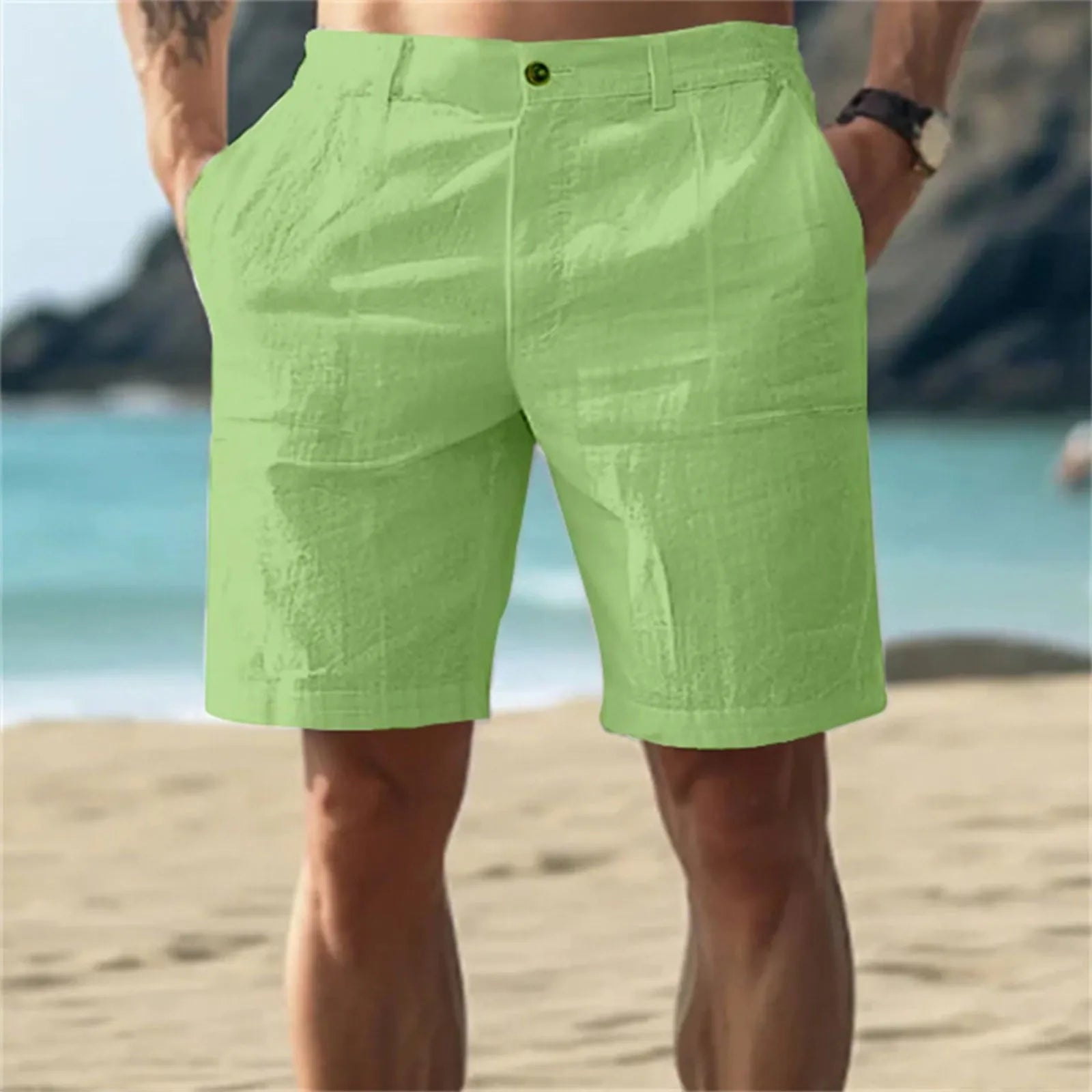 Men’s Solid Color Linen Shorts – Breathable Casual Beach Pants for Summer Holiday