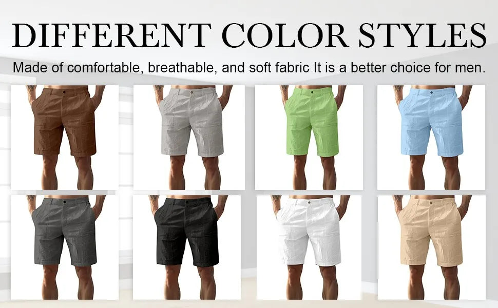 Men’s Solid Color Linen Shorts – Breathable Casual Beach Pants for Summer Holiday
