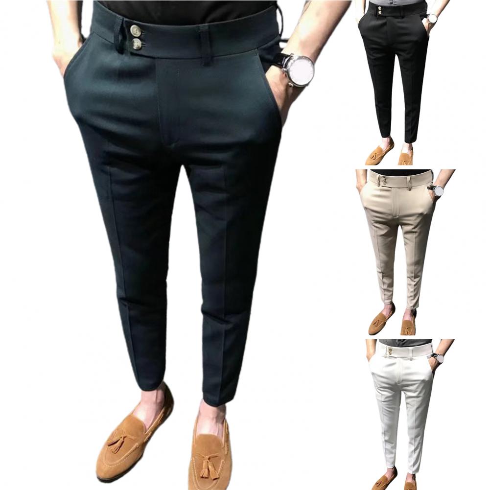 Men’s Slim Fit Ankle-Length Suit Pants – Trendy Office Trousers with Zipper Closure